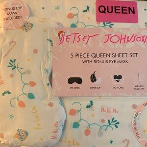 Betsey Johnson Pastel Christmas Sheet Set + Eye Mask Pink Candy Cane NEW Queen